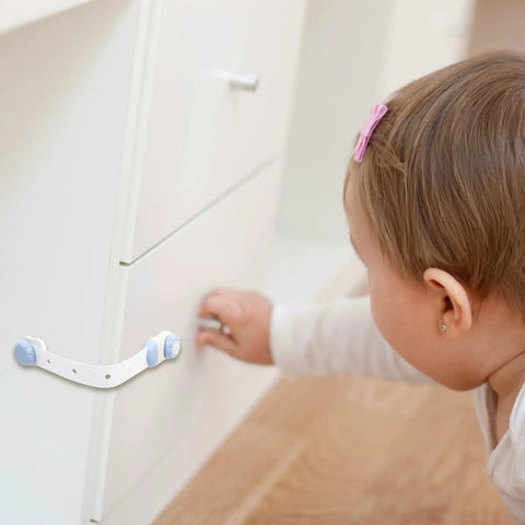 Three Pack White Refrigerator Cabinet Locks No Punch Design Easy Install on drawer with child nearby