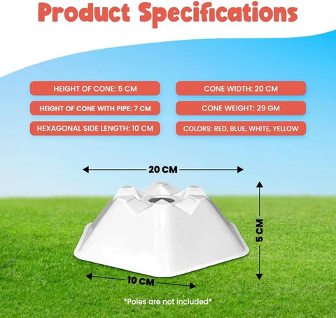 Hexa Agility Cones Set For Dogs And Kids, 20 color coded training cones with 5 cm height and 7 cm hurdle, product specifications.