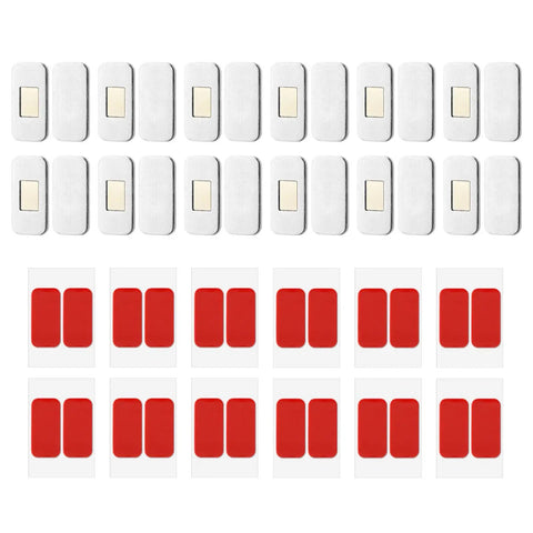 12 Pack No Drill Magnetic Cabinet Catches Ultra Thin Stainless Steel With Strong Adhesive, showing latches and red adhesive pads.