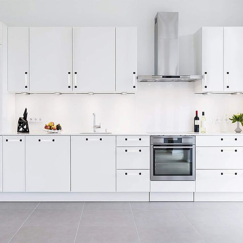 Modern kitchen with white cabinets fitted with Five Pack Acrylic Cabinet Pulls With Five Inch Hole Centers 128mm Modern Black Matte Lucite T Bar Drawer Handles.