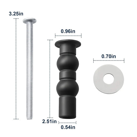 Hella Durable Top Mount Toilet Seat Hardware Kit For Skirted Toilets Packed With Rust Resistant Screws And Bolts showing mounting parts with sizes.