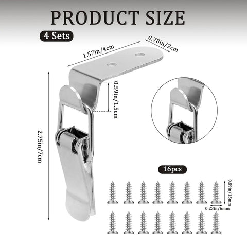 Stainless Steel 90 Degree Toolbox Hood Locks Latches For Cabinets And Barn Doors Easy Install Toggle Catch Hardware Set Built To Last Box Latch 2.56 By 0.78 Inch Small Yet Super Strong Four Sets Included shown with screws.