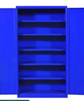 Extra Tall Lockable Metal Tool Cabinet With Two Doors Built Tough Heavy Duty Steel Construction Large Capacity Storage For Garage Workshop Basement Or Warehouse Keeps Tools Organized Safe And Easily Accessible. Blue steel cabinet with two doors