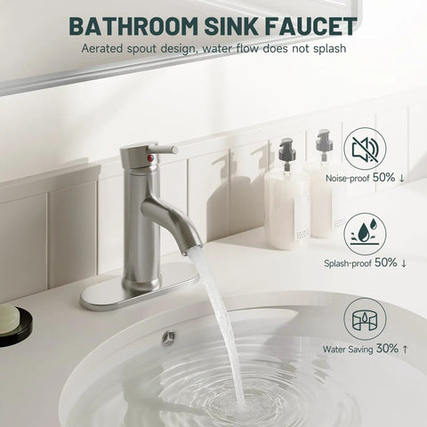 Brushed Nickel Single Hole Bathroom Faucet With One Handle, Boss Grade Modern Commercial Lavatory Vanity Sink Faucet in use