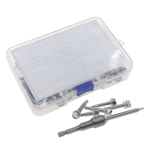 Self Drilling TEK Screws Kit For Metals In 410 Stainless Steel With Hex Head M6.3 Threads 14 Tpi Five Lengths in plastic box