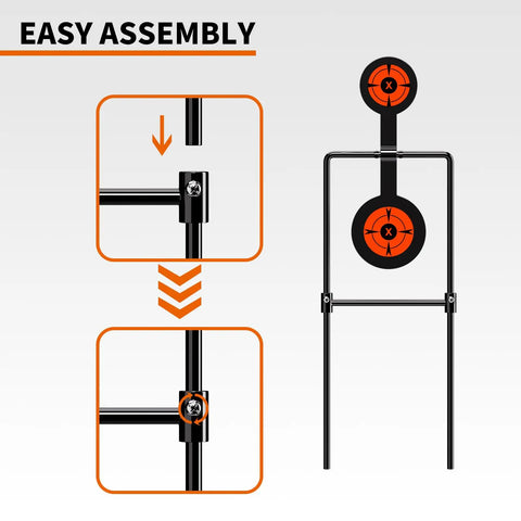 Auto Reset Double Spinner Target Set assembly guide for centerfire handguns up to 44 Magnum, showing three eighths inch steel structure.