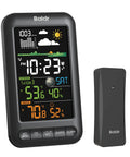 Wireless Indoor Outdoor Thermometer Weather Station With Remote Sensor Vertical Color Display Temperature Humidity Monitor 12 Hour Forecast Atomic Clock Adapter Powered Black No App Needed front view