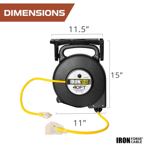 Dimensions of Heavy Duty Retractable Extension Cord Reel 40 Feet With 3 Outlets 12 Gauge SJTW 3 Prong Lighted Plug 15 Amp Circuit Breaker Mountable Power Cord Reel For Home Shop Garage.