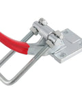 Rock Solid Heavy Duty U Hook Latch Clamp 2 Pack Delivers Knockout 7716 Lb Grip Power Built Tough From Cast Alloy Steel With Adjustable Pull Action Handle And Comfy Rubberized Lever, side view with red lever.