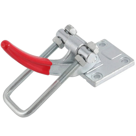 Rock Solid Heavy Duty U Hook Latch Clamp 2 Pack Delivers Knockout 7716 Lb Grip Power Built Tough From Cast Alloy Steel With Adjustable Pull Action Handle And Comfy Rubberized Lever, side view with red lever.