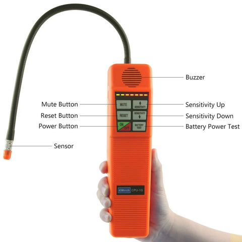 Elitech CPU-1G handheld orange HVAC leak detector with sensor probe and control buttons