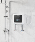 7500W Tankless Electric Water Heater with Remote Control and Digital Display installed in home bathroom