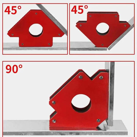 Welding Table Fixture Pins Kit For Shop Fixturing 12 Pieces showing red angle clamps at 45 and 90 degrees on metal bars.