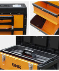 Detail view of Three Tier Stackable Tool Box Set On Wheels With Extendable Handle Portable Rolling Hand Case Cart Durable Orange Storage