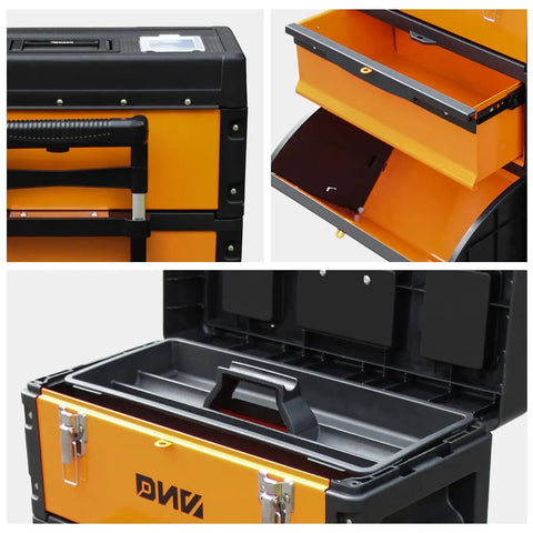 Detail view of Three Tier Stackable Tool Box Set On Wheels With Extendable Handle Portable Rolling Hand Case Cart Durable Orange Storage