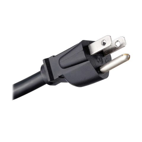 Close-up of the plug from Heavy Duty 12 Outlet Power Strip With 15 Foot Extension Cord Mountable Metal Construction For Dorm Rooms Workbenches Shops And Garages Industrial Grade Black.