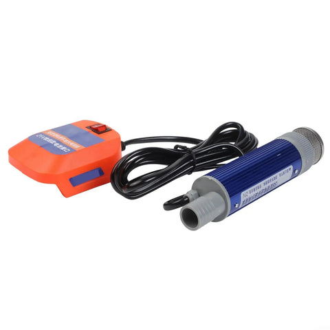Cordless Fuel Transfer Pump 18V with compact design, aluminum body, and control switch, ideal for efficient fluid transfer on job sites.