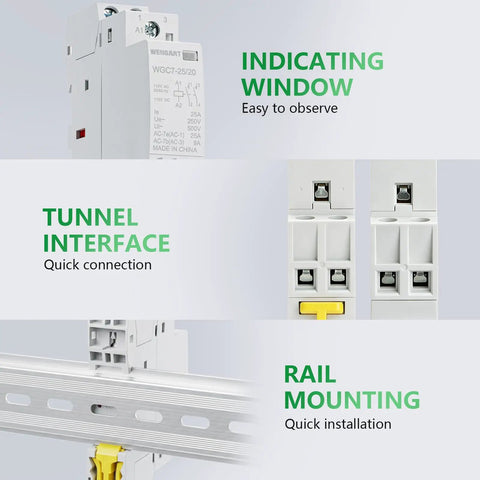 Dead Silent 25a Ac Dc 120v Contactor 2 Pole Normally Open Din Rail Module For Hvac And Ev Systems with indicating window and tunnel interface.