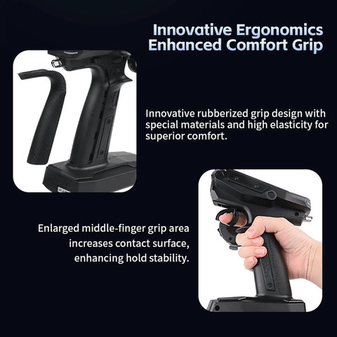 Ergonomic grip feature on 2.4GHz 11CH RC Transmitter with Dual Antennas and 3.5 Inch IPS Screen for RC cars and boats control