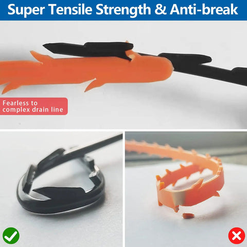 Close-up of Durable Nylon Drain Snake 30 Inch Hair Clog Remover showing tensile strength and flexibility in three views.