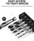 NEIKO 11401A 6-piece brad-point drill bit set for wood with 1/4-inch quick-change hex shanks and holder