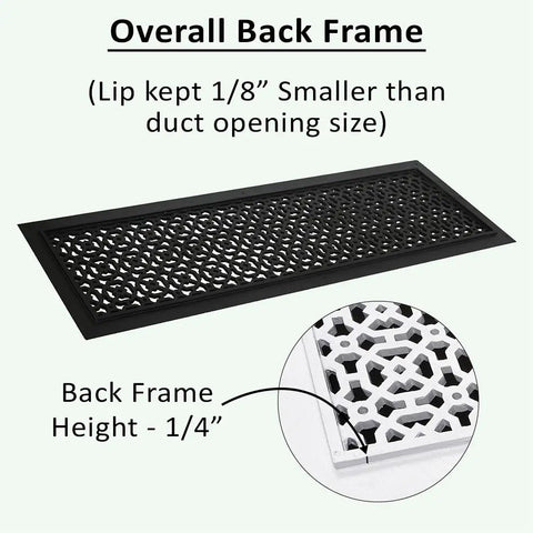 Beefy Solid Cast Aluminum HVAC Air Return Grill Vent Cover for 4x30, 6x32 size, black finish, showing back frame dimensions