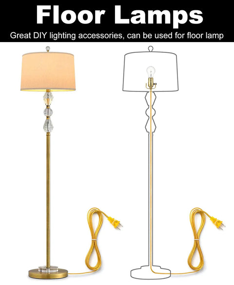 DIY Lamp Rewire Kit With 12 Ft Cord, 3-Way Brass Socket, and gold finish shown with floor lamp setup
