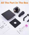 Tub And Shower Faucet Set With Valve Included, Single Handle Trim Kit, parts laid out, matte black bathroom fixture, assembly components