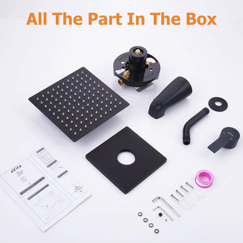 Tub And Shower Faucet Set With Valve Included, Single Handle Trim Kit, parts laid out, matte black bathroom fixture, assembly components