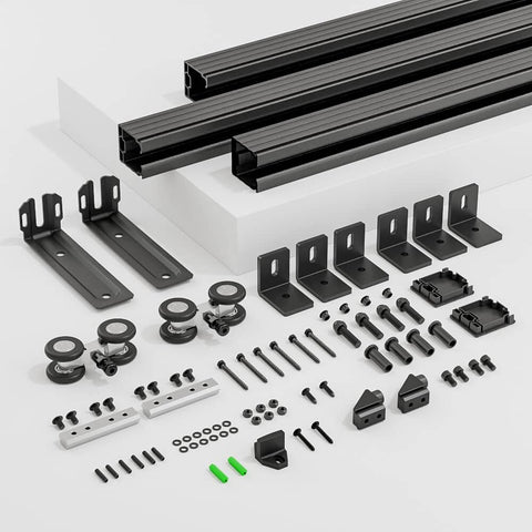 Components of 6.6Ft Box Rail Sliding Barn Door Hardware Kit Alloy Steel Wall Mount For Single Door displayed on white surface.