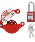 Workhorse Gate Valve Lockout Device With Outdoor Faucet Lock And Safety Padlock For 1 To 2 And A Half Inch Valve Handles, red device and padlock