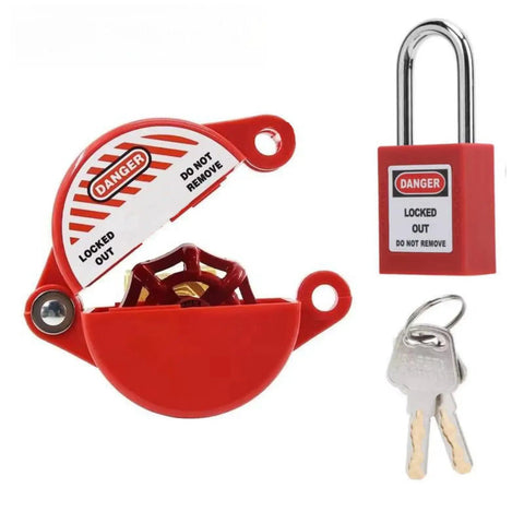 Workhorse Gate Valve Lockout Device With Outdoor Faucet Lock And Safety Padlock For 1 To 2 And A Half Inch Valve Handles, red device and padlock