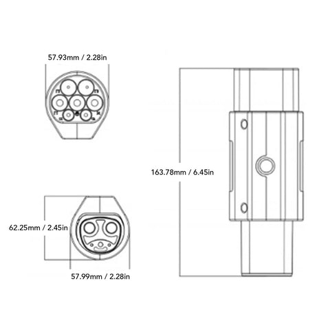 Heavy Duty EV Charging Adapter For Type 2 Connectors dimensions diagram showing detailed measurements and design.