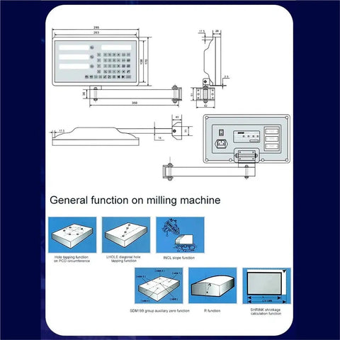 3 Axis Digital Readout Panel With Color LCD Display For Milling Lathe And Grinder diagram with dimensions and functions shown