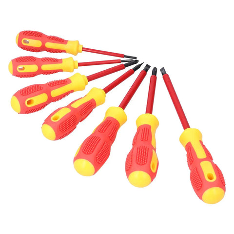 Insulated 7 Piece Screwdriver Set With Ergonomic Non Slip Handles And Magnetic Tips For Electricians Easy Grip And Fatigue Reduction Chrome Steel Shafts For Reliable Electrical Repair And Maintenance, insulated hand grips