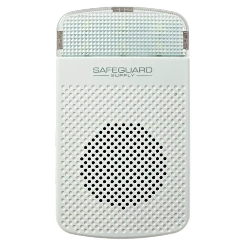 Front view of white 90 Db Flashing Strobe Plug In Doorbell Receiver For ERA Series Wireless Kits with speaker and light.