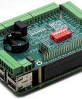 Badass Industrial Automation HAT For Raspberry Pi featuring green terminals, RS485 connections, and stackable build for industrial applications.