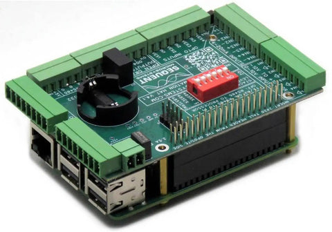 Badass Industrial Automation HAT For Raspberry Pi featuring green terminals, RS485 connections, and stackable build for industrial applications.