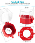 Emergency Stop Button Lockout Cover Kit Four Pack for Industrial Control Panels and Machinery, showing dimensions and design.