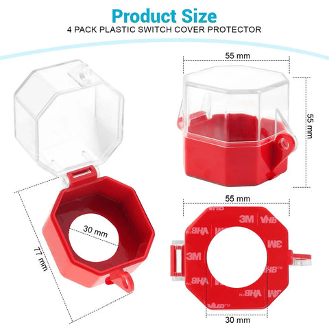 Emergency Stop Button Lockout Cover Kit Four Pack for Industrial Control Panels and Machinery, showing dimensions and design.