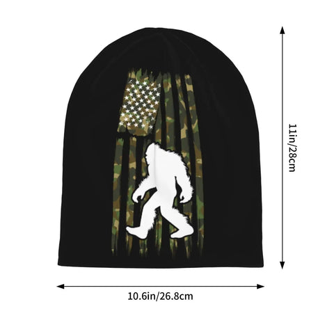 Cozy Camo American Flag Bigfoot Sasquatch Beanie Hat For Men And Women with camouflage and flag design, 11x10.6 inches