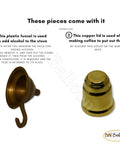 Hand Hammered Old School Brass Copper Turkish Greek Coffee Burner accessories, including funnel and copper lid.