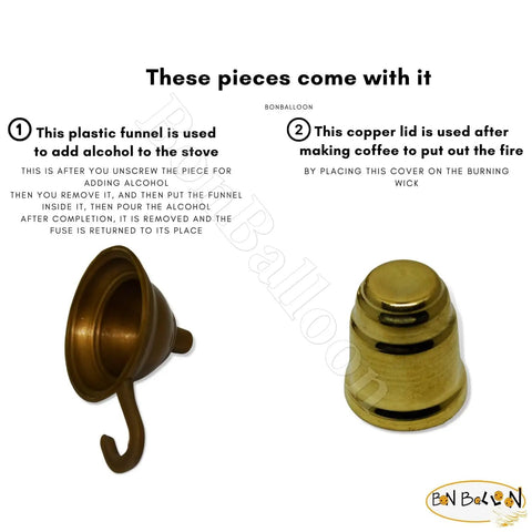 Hand Hammered Old School Brass Copper Turkish Greek Coffee Burner accessories, including funnel and copper lid.