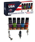 Pneumatic Tool Holder And Aerosol Rack Combo Wall Mount For Garage And Trailer Holds Five Cans With Six Slots Made In USA Air Tool Organizer For Spray Cans And Small Tools Ideal For Toy Hauler And Workshop, showing front view with five cans and air tools.