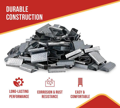 Pile of Beefy Serrated Steel Banding Clips For Five Eighths Inch Strapping 2000 Piece Set Pallet Banding On White Background