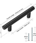 Flat Black 3 Inch Center To Center Bar Cabinet Pulls 5 Pack showing dimensions, 5 inch total length, 12mm diameter, 76mm center