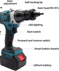 Beast Mode Cordless Rivet Gun With Fast Charge Battery For Hella Smooth Metal Fab Work And Quick Car Repairs Featuring One Tap Trigger To Snag Iron Or Aluminum Parts Without Cable Clutter with labeled features.