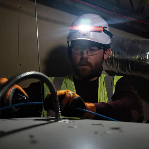 Electrician using Rechargeable LED Wide Beam Headlamp With Hard Hat Mounts For Work, 770 Lumens, Lightweight And Comfortable, in dark