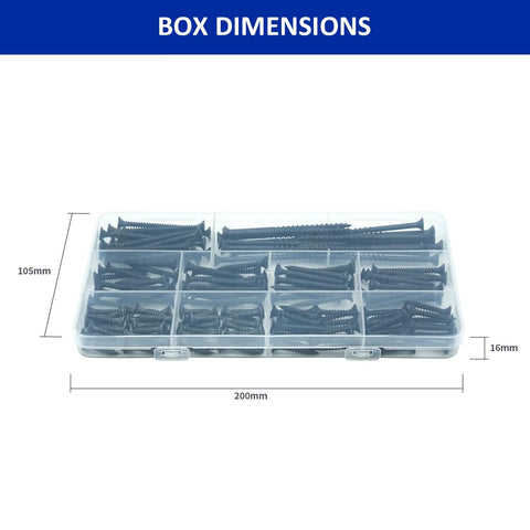 Drywall Screws Assortment Kit With 166 Pieces, Six Sizes From 3/4 In To 3 In in clear storage case with dimensions shown