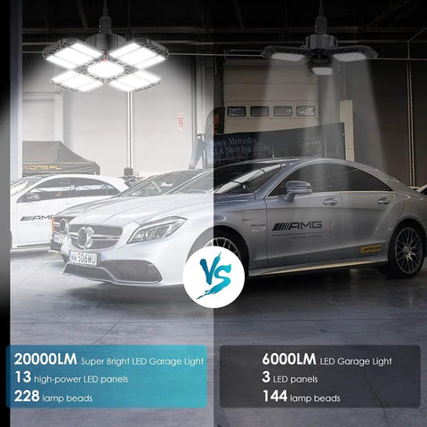 Deformable 12 Panel 200W LED Garage Light With 20000 Lumens 6500K Daylight illuminating car in garage comparison